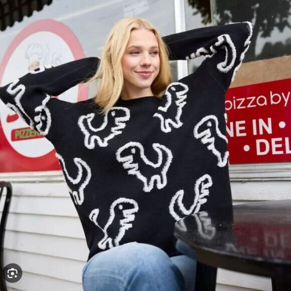 Dreamers By Debut T Rex Dinosaur Sweater Womens L Black Novelty Teacher Oversize - Picture 8 of 9